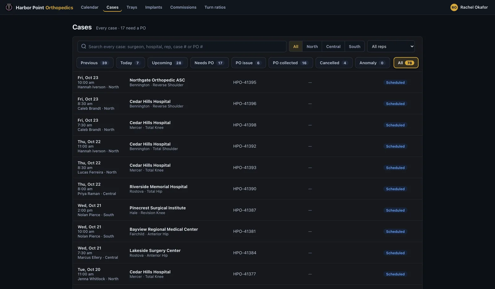 Sample case board organized by PO status